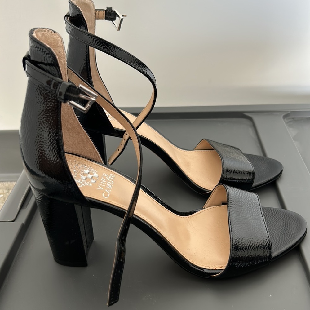 Vince Camuto black patent leather sandal heels. WORN ONLY ONCE
